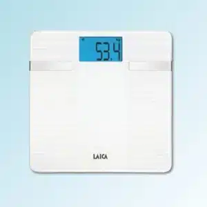 صورة الميزان وزوايا جانبية توضح التصميم الزجاجي – Laica Electronic Body Scale PS 5007