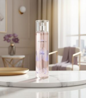 فيكتوريا بدي ميست زهرة اللوتس 250مل على طاولة تجميل أنيقة.