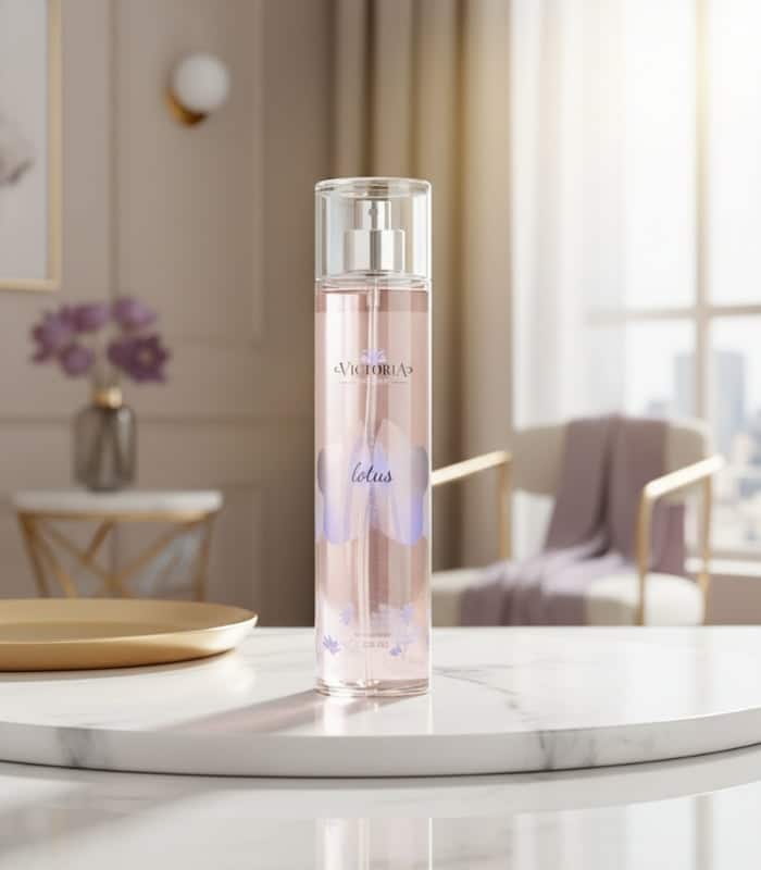 فيكتوريا بدي ميست زهرة اللوتس 250مل على طاولة تجميل أنيقة.